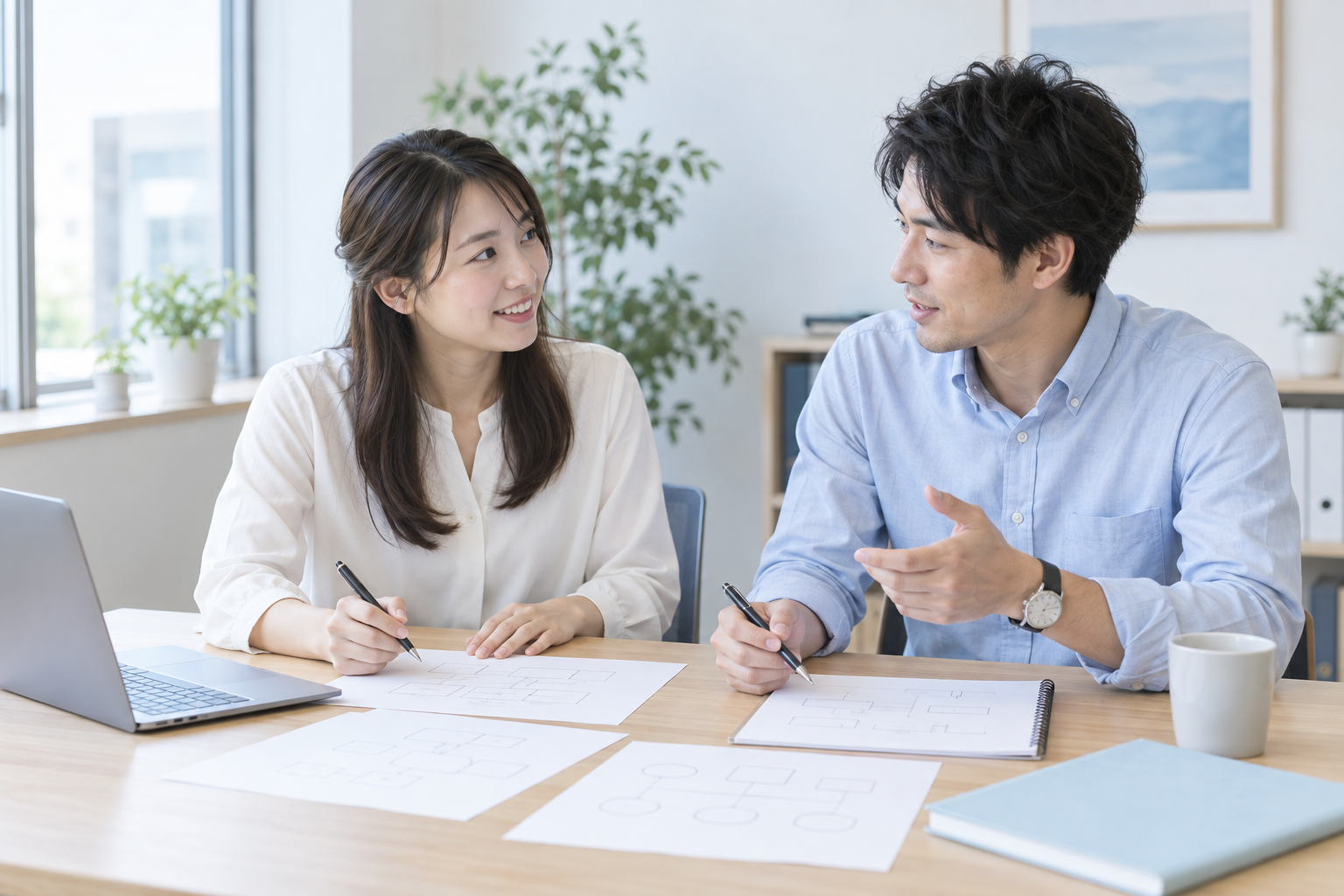 資料を広げ、仕事の進め方を一緒に考える二人のイメージ