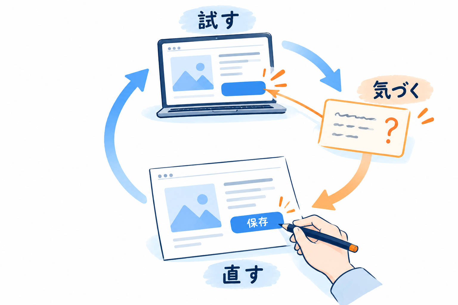 試す、気づく、直すを繰り返す循環図。ボタンの意味が分からないことに気づき、保存という名前を付けて再び試す例。